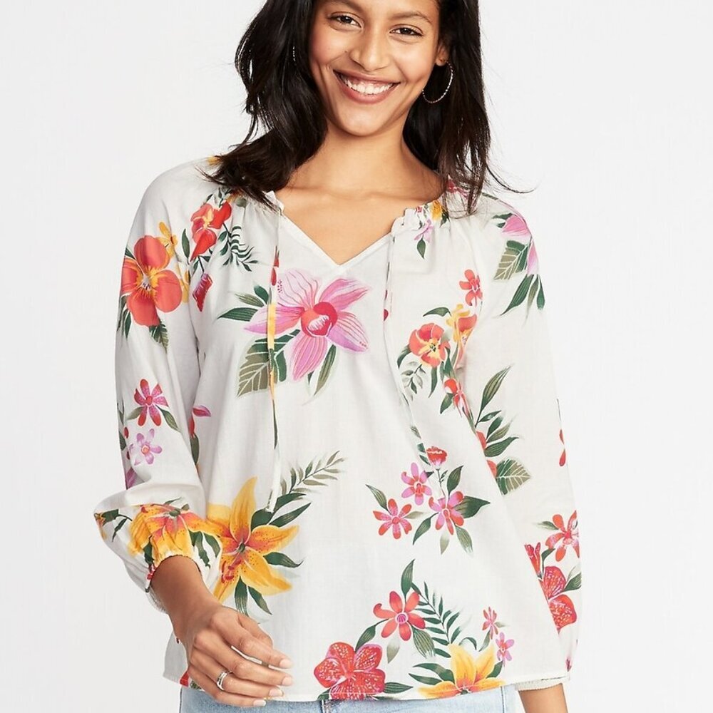 Old Navy Floral Tie-Neck Gauze Blouse XXL Canopy Green - Boho
